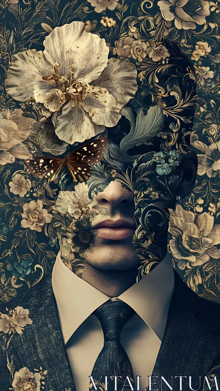 Floral masked man in suit with ornate botanical overlay.