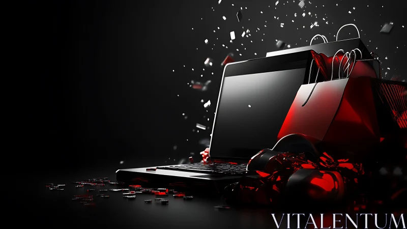 Laptop and shopping bags with red accents on dark background.