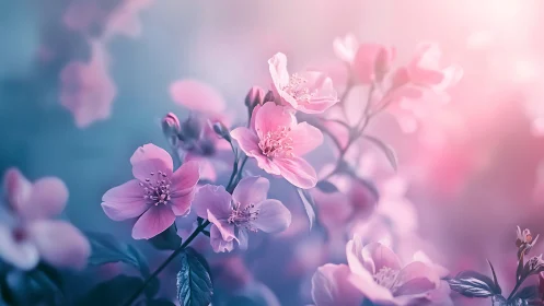 Pink Flowering Shrub Against Blue-Toned Background