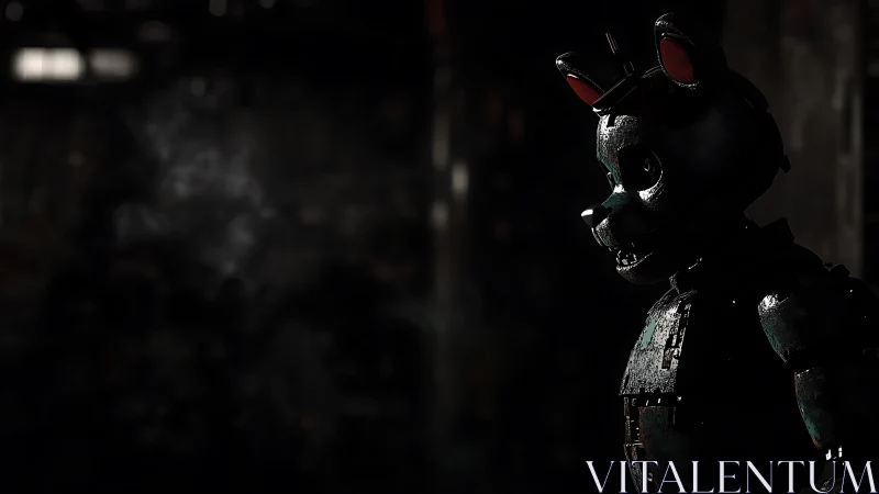 Animatronic wolf lingers in rusted gloom, half-lit with dread.