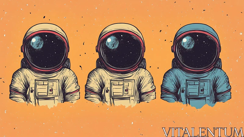 Triplet astronauts quietly rehearse moonrise on orange skies