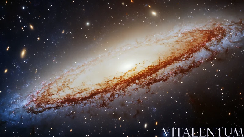 Edge-on spiral galaxy with dust lane in dense star field.