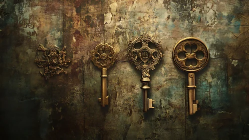 Four ornate brass keys rest aligned on distressed wall