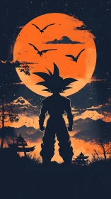 Bold warrior silhouette greets a blazing orange moonlit sky