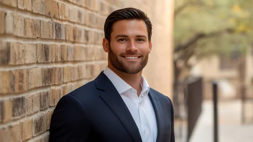 Brick-lined corridor frames confident professional&rsquo;s warm smile