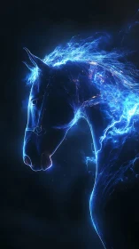Electric blue horse profile glows against deep black void