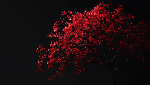 Striking red-leaved tree in darkness, dramatic minimalist style.