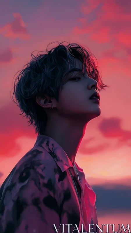 Digital portrait of androgynous figure in neon dusk backlight