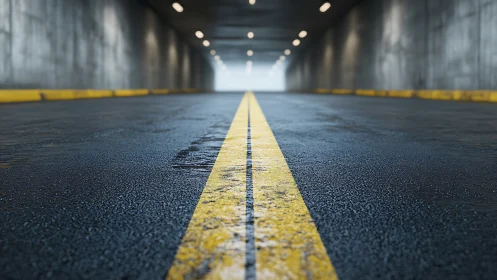 Wet asphalt tunnel road with central yellow lane marking
