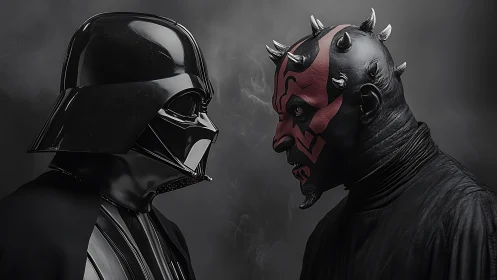 Dark duel of horned fury and masked menace in smoky void.