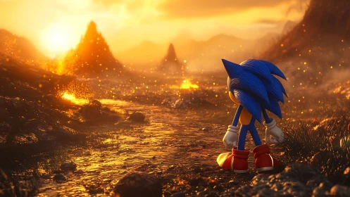 Blue anthropomorphic hedgehog on molten landscape at sunset.