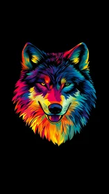 Neon chromatic wolf portrait on deep black void background.