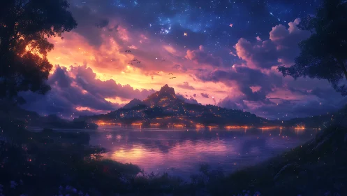 Enchanted lakeside city glows beneath twilight nebula sky