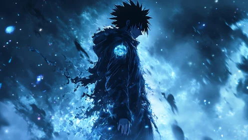 Silhouetted figure dissolving into blue energy field.