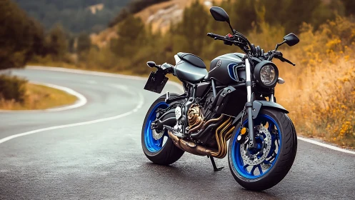 Sport motorcycle on wet mountain road with vivid blue rims.