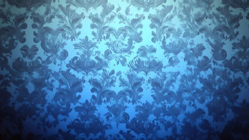 Ornate blue damask gradient pattern with vignette lighting effect.