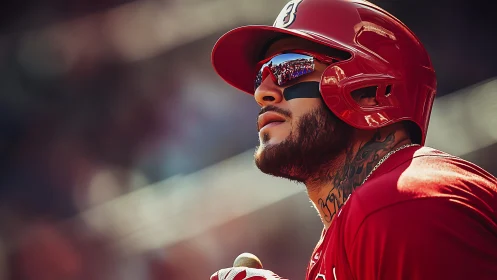 Crimson-clad slugger watching stadium lights simmering above.
