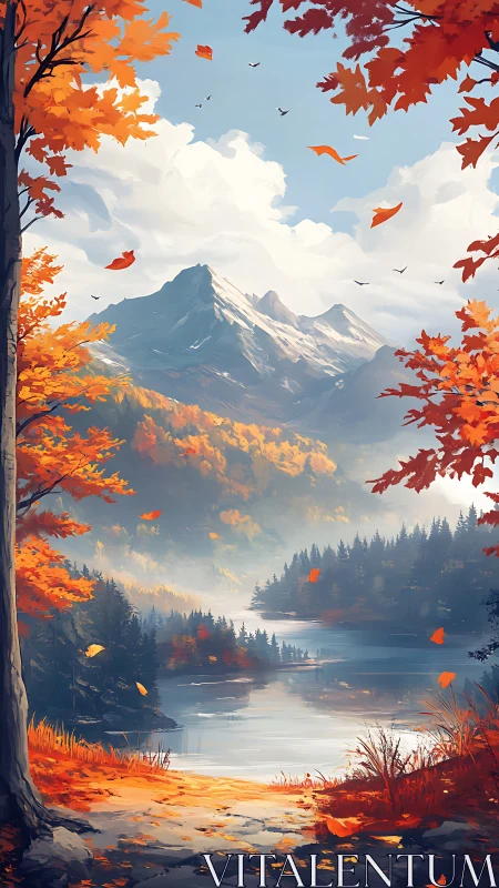 Crimson autumn lake beneath misted alpine peaks.