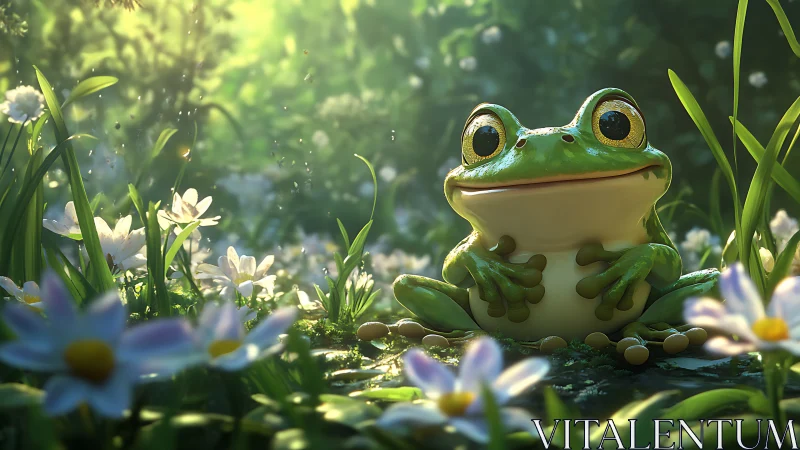 Cheerful green frog basks in sunlit meadow of wildflowers