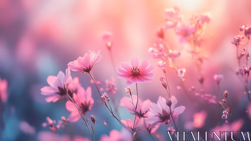 Pink cosmos flowers in soft-focus dreamscape.