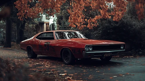 Autumn street prowler, red muscle car under ember leaves.