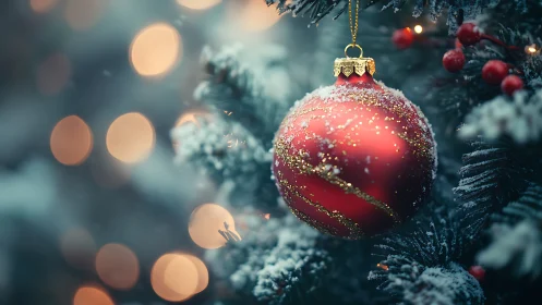 Red ornament on snowy evergreen branch with soft lights.