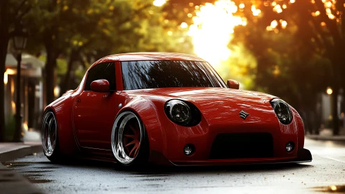 Playful red coupe prowls sunlit boulevard in style.