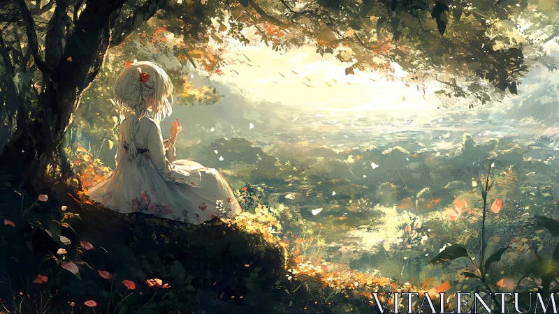 Girl in floral dress watches golden valley sunrise from hill