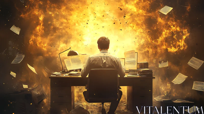 Man at desk faces explosive digital chaos and fire.