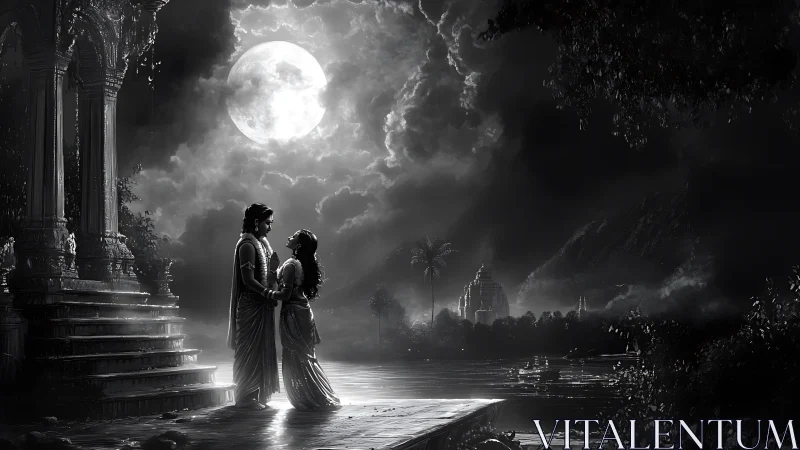 Moonlit Romance: Ancient Temple Embraces Night's Mystery.
