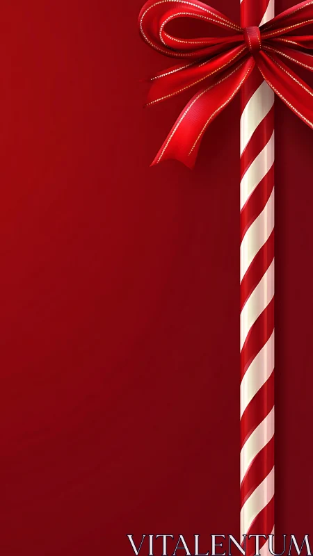 Candy cane ribbon border defines vertical red holiday composition