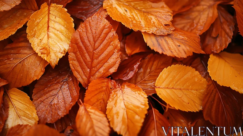 Wet autumn beech leaves form a dense, radiant macro pattern
