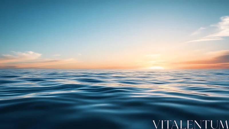 Calm ocean surface under soft sunrise sky horizon.