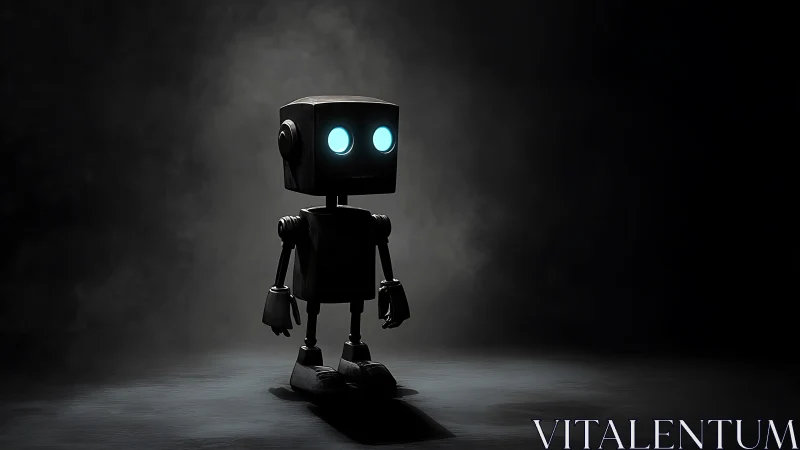 Curious little robot stands glowing softly in the shadows