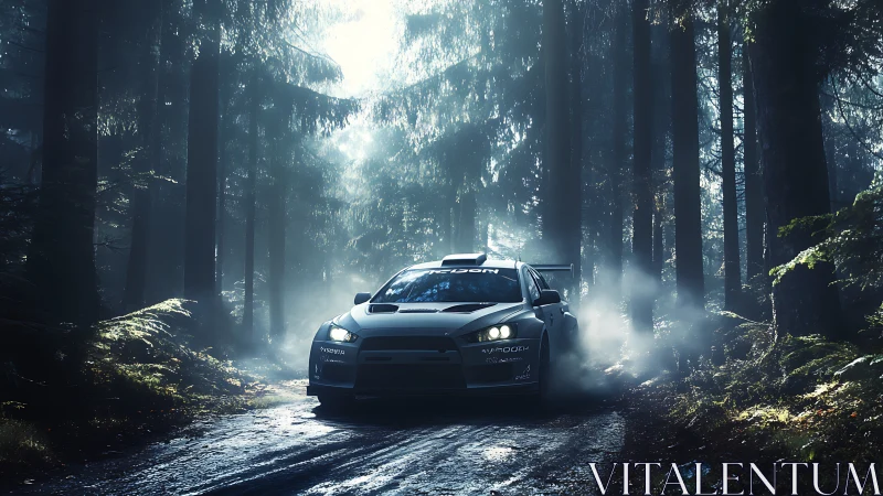 Racing car cuts through a misty forest road with bold energy