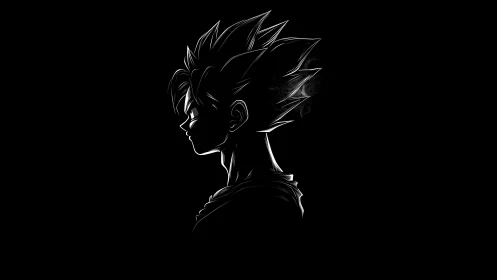 Silhouetted spiky-haired warrior rendered in stark side profile.