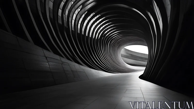 Spiraling steel corridor curling toward a distant glow.