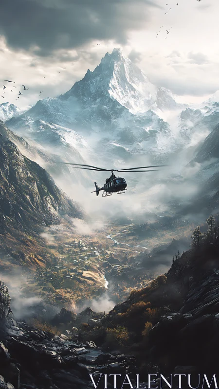 Helicopter skims a mist-swirled kingdom of colossal peaks.