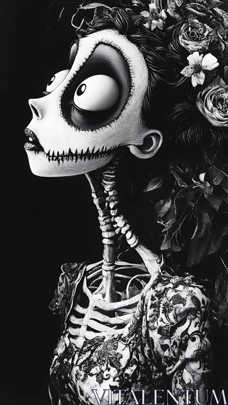 Monochrome skeletal bride portrait with exaggerated cranial anatomy.