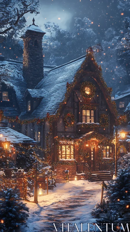 Winter cottage aglow in storybook snowfall and twinkling lights.