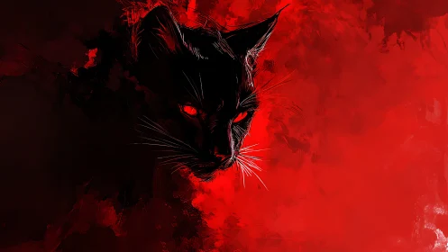 Black cat silhouette with glowing eyes on red field.
