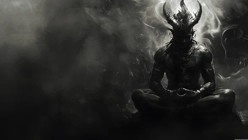 Horned demonic yogi in meditative lotus, monochrome smoke field