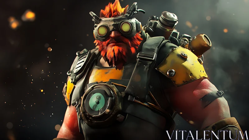 Armored red-bearded engineer with goggles in smoky setting.