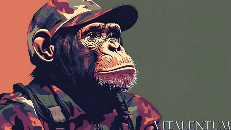Vector-rendered chimpanzee portrait in tactical camo attire.