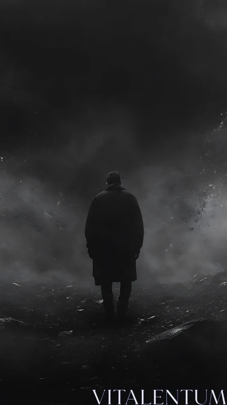 Solitary human figure stands in dense monochrome fog field