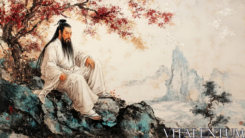 Mountain poet pauses beneath crimson leaves to weigh silence