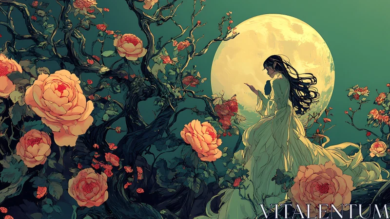 Moonlit woman amid gnarled rose vines uses strong silhouette contrast