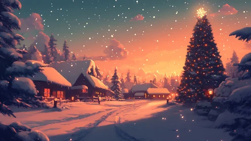 Snow-covered village street is shown at winter sunset