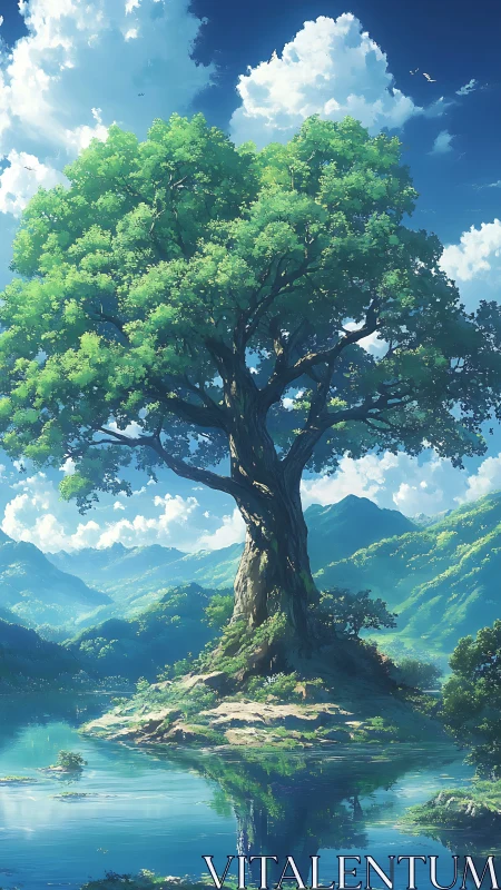 Solitary tree over calm reflective lake in mountains.