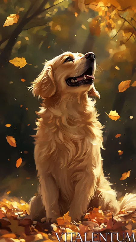 Golden retriever delights under glowing autumn leaves.